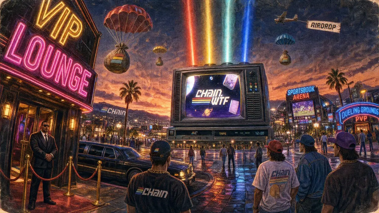 Chain City — VIP plaza at dusk, crowd watching the Chain HQ monument